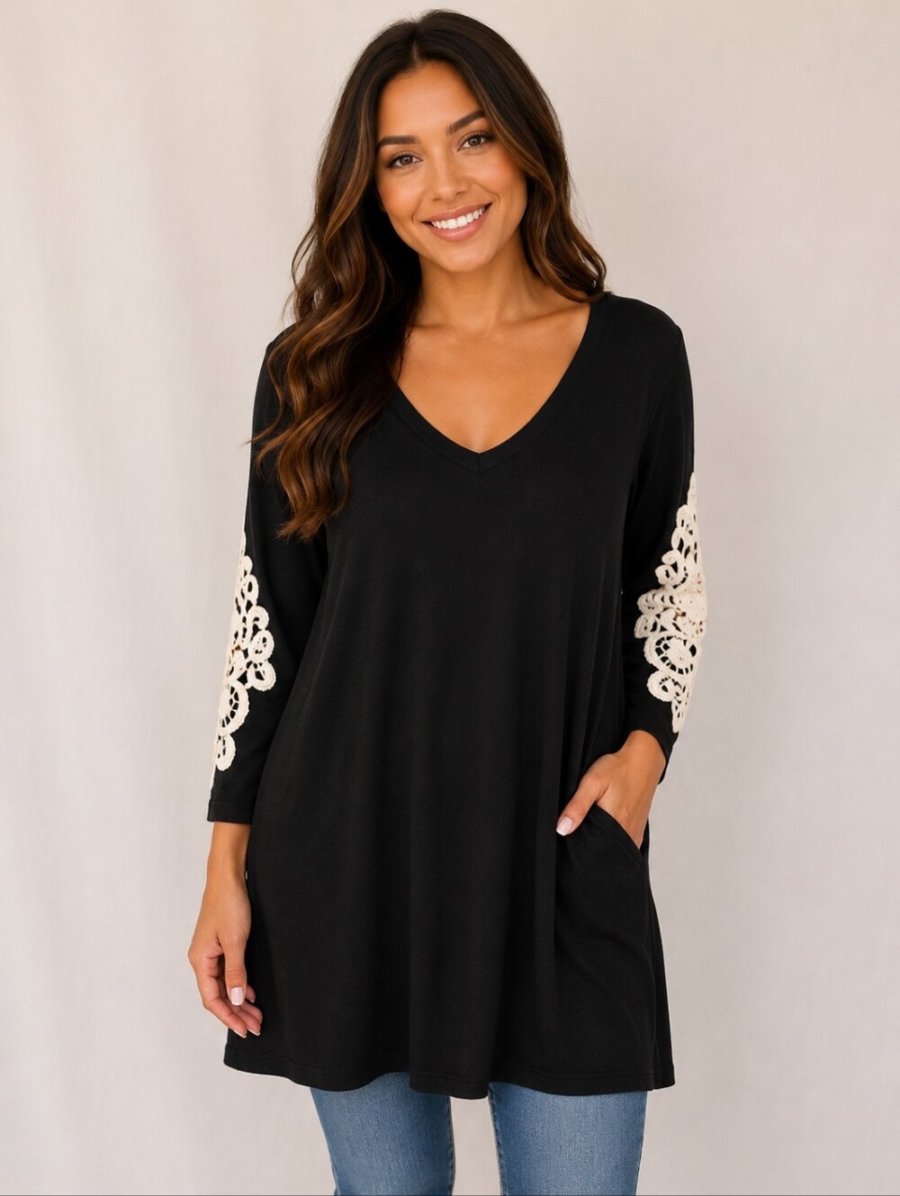 Black V-Neck Tunic with Cream Crochet Sleeve Accents